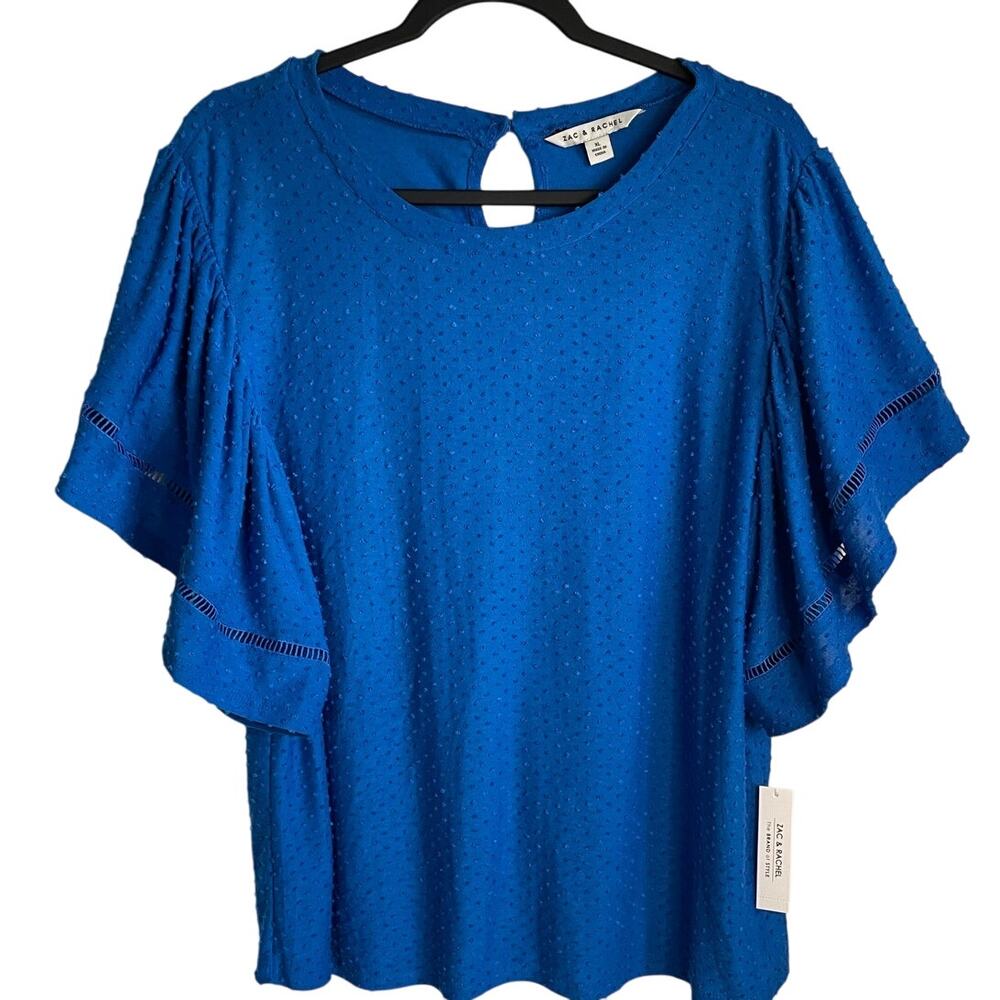 NEW Zac & Rachel Swiss Dot Top Sz XL Flutter Short Sleeves Blue Coastal Beachy